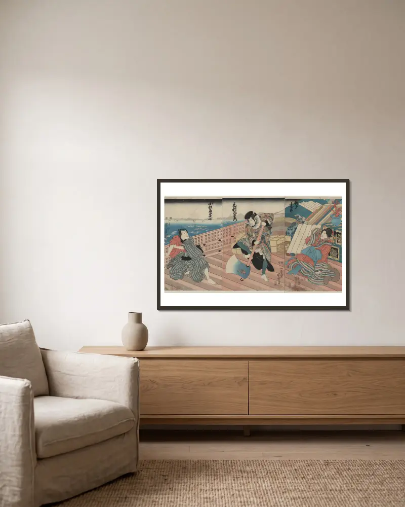 Hakata Kojorō Kezori Kuemon Komatsuya Sōshichi von Utagawa Kuniyoshi gerahmt an einer Wand