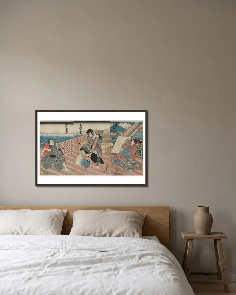 Hakata Kojorō Kezori Kuemon Komatsuya Sōshichi von Utagawa Kuniyoshi gerahmt an einer Wand
