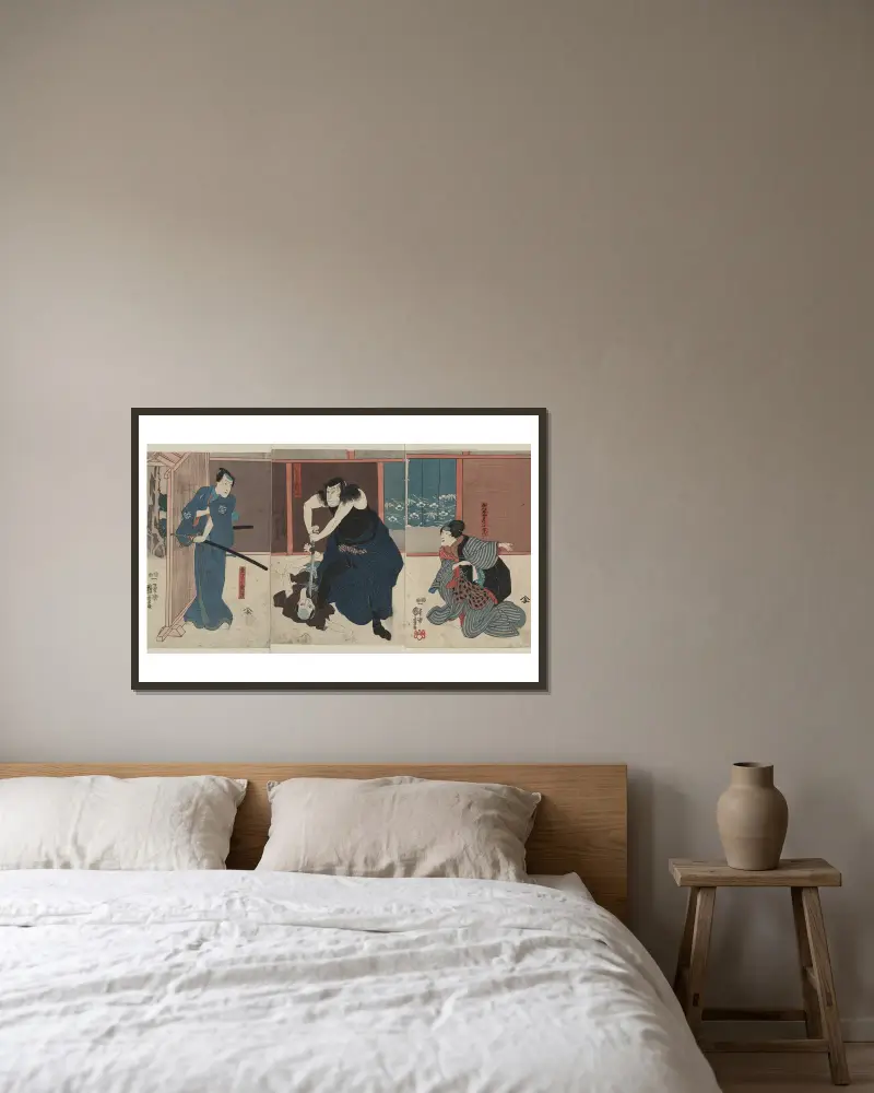 Igami no Gonta, hans hustru Kosen och Kokingo av Utagawa Kuniyoshi inramad på en vägg