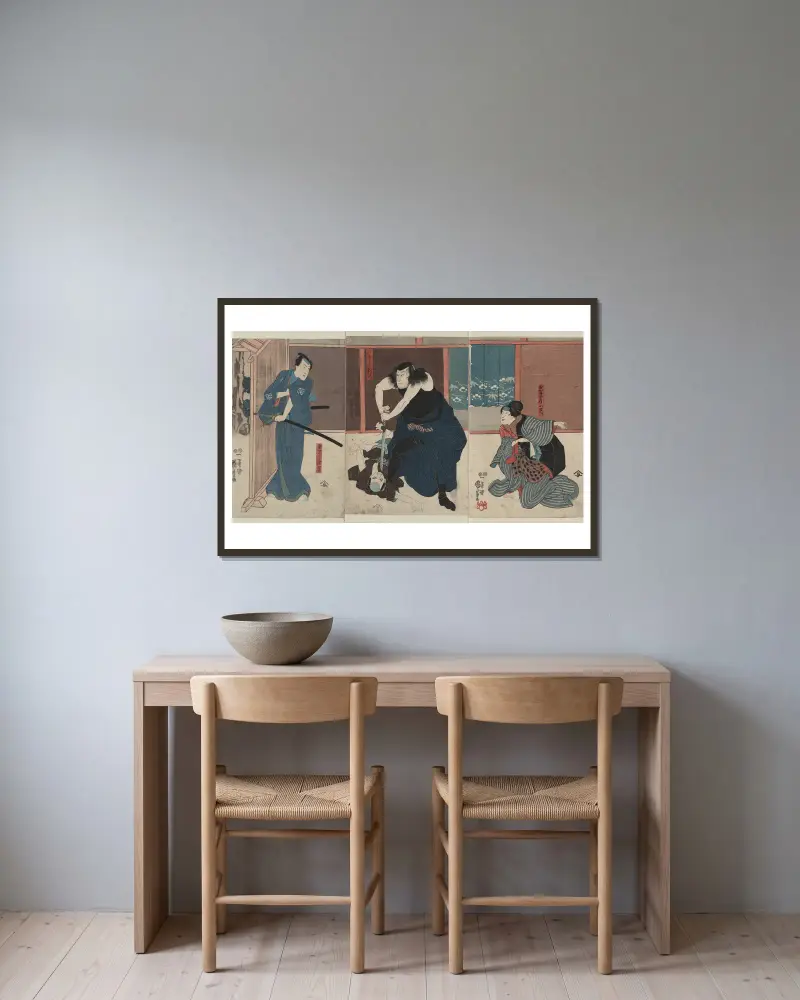 Igami no Gonta, hans hustru Kosen och Kokingo av Utagawa Kuniyoshi inramad på en vägg