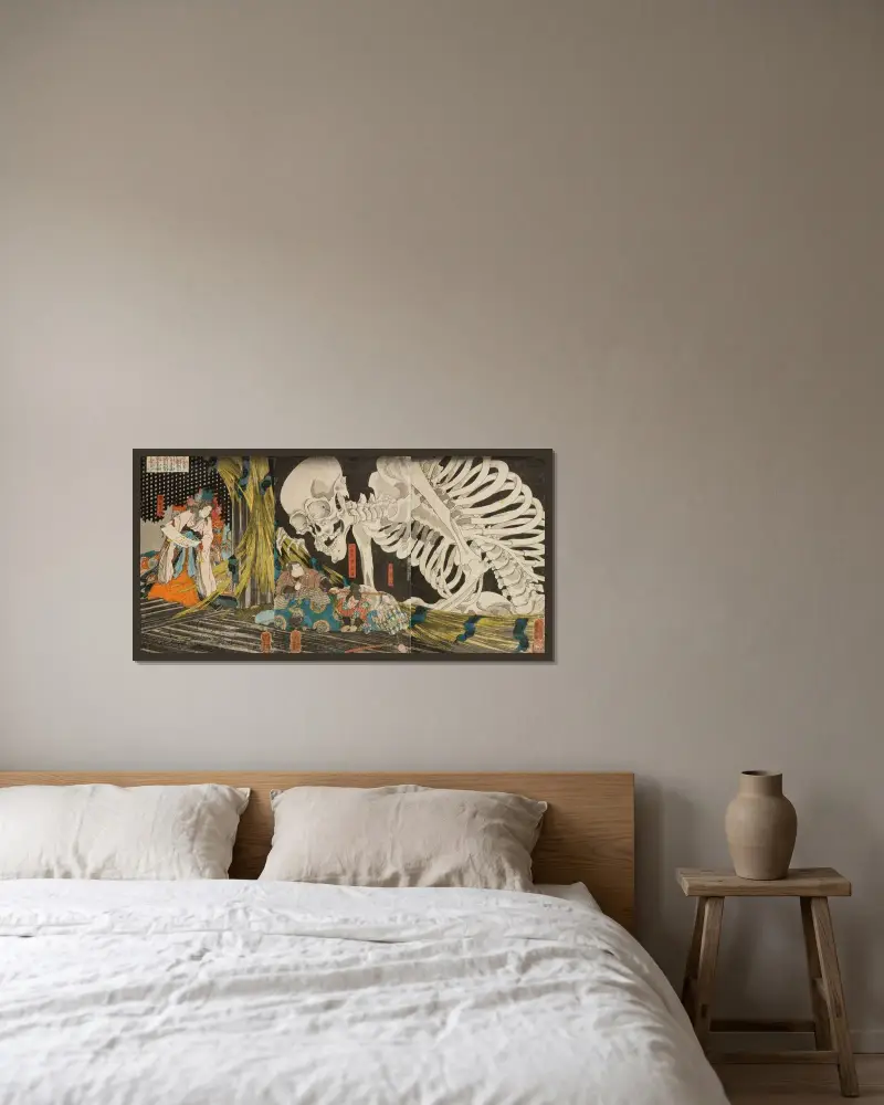 Masakados dotter Takiyasha använder trolldom för att samla bundsförvanter i det förfallna palatset i Sōma av Utagawa Kuniyoshi inramad på en vägg
