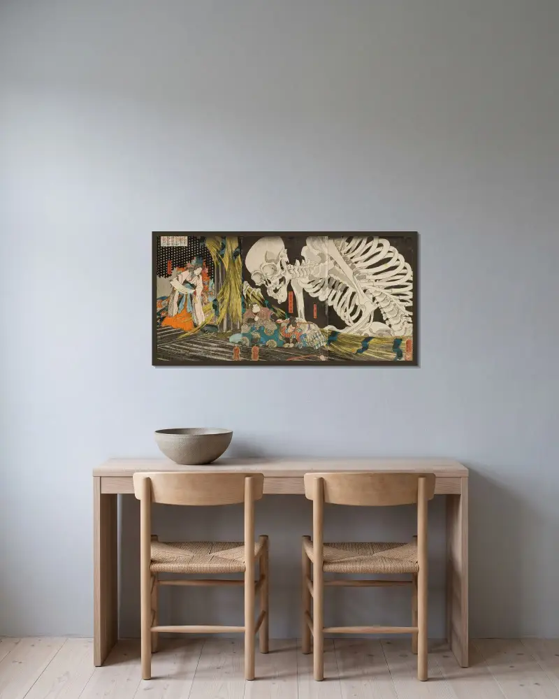 Masakados dotter Takiyasha använder trolldom för att samla bundsförvanter i det förfallna palatset i Sōma av Utagawa Kuniyoshi inramad på en vägg