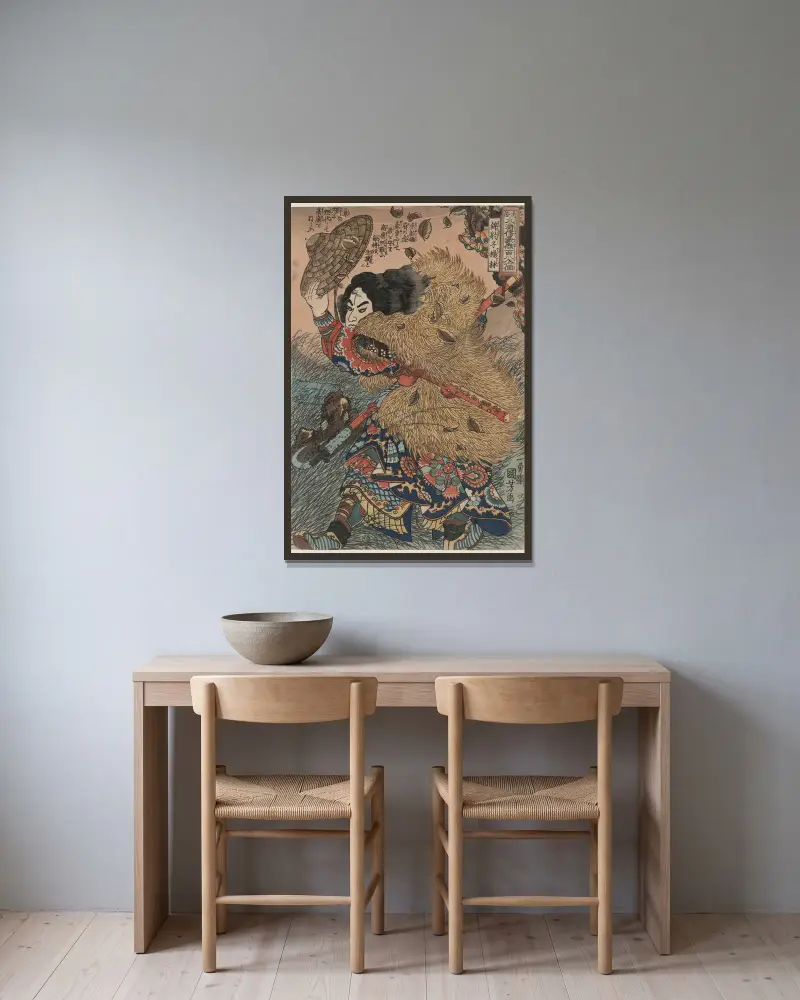 Kinhyōshi yōrin, hjälte ur Suikoden av Utagawa Kuniyoshi inramad på en vägg