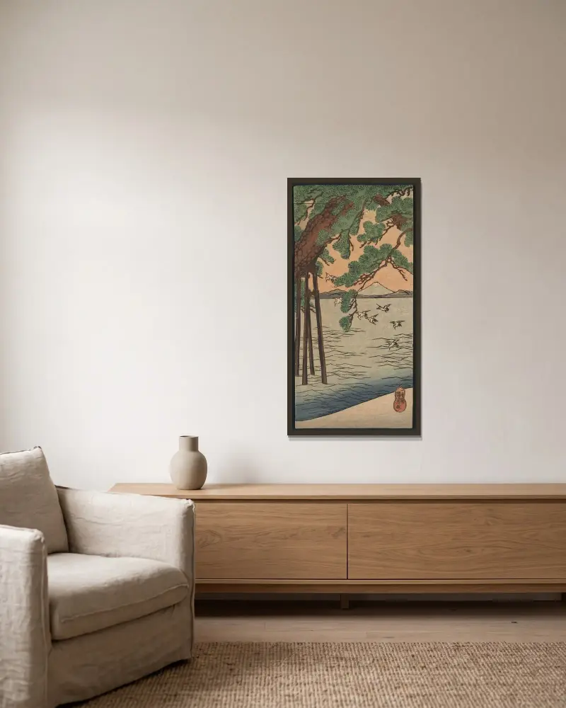 Kiefern am Strand von Utagawa Kuniyoshi gerahmt an einer Wand