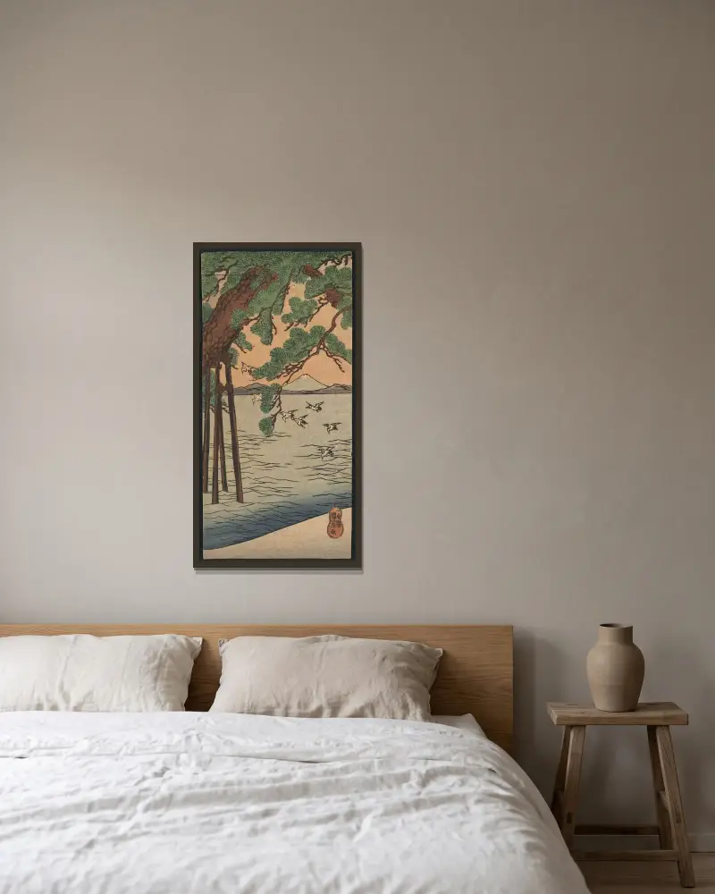 Kiefern am Strand von Utagawa Kuniyoshi gerahmt an einer Wand