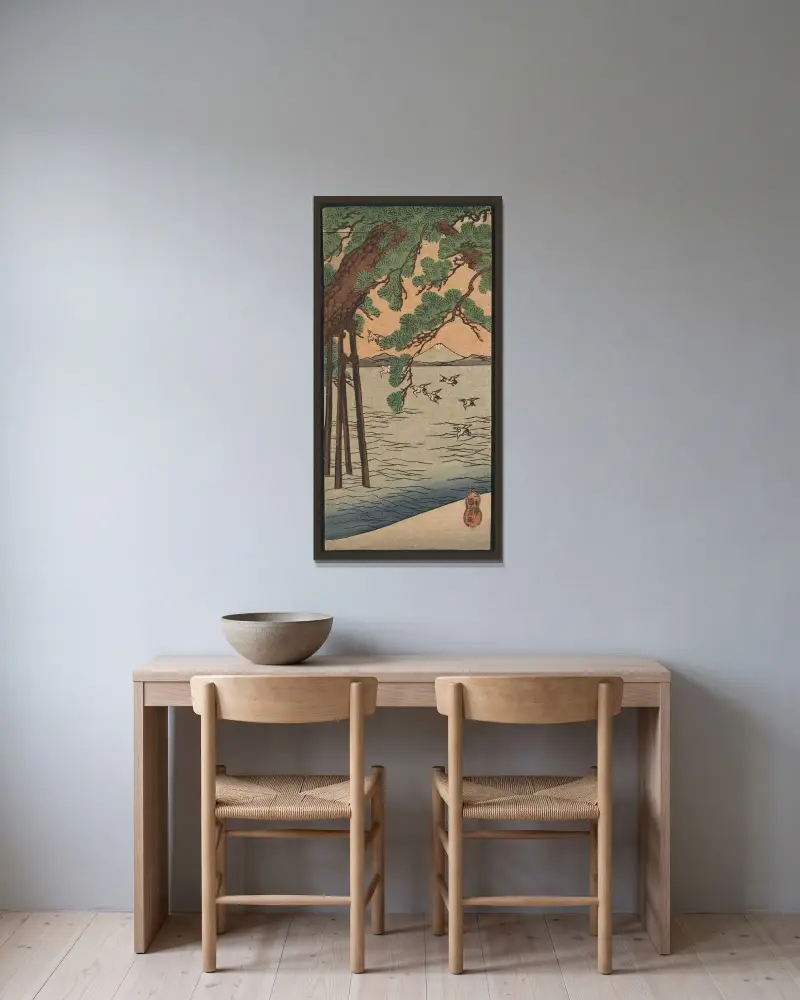 Kiefern am Strand von Utagawa Kuniyoshi gerahmt an einer Wand