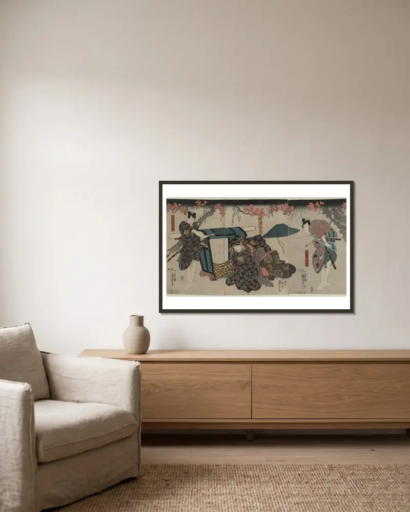 Nagoya Sanzaburō, Fuwa Banzaemon och Katsuragi av Utagawa Kuniyoshi inramad på en vägg