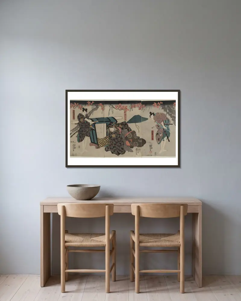 Nagoya Sanzaburō, Fuwa Banzaemon och Katsuragi av Utagawa Kuniyoshi inramad på en vägg