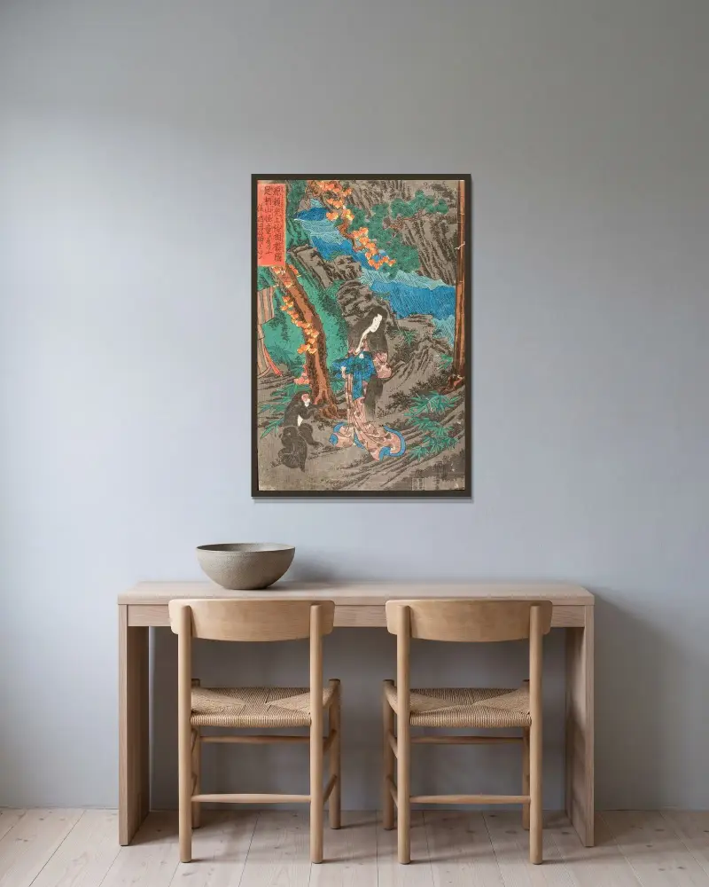 På väg till Kyoto möter Minamoto no Raikō Kaidōmaru i Ashigara-bergen i Sagami-provinsen och tar honom i sin tjänst av Utagawa Kuniyoshi inramad på en vägg