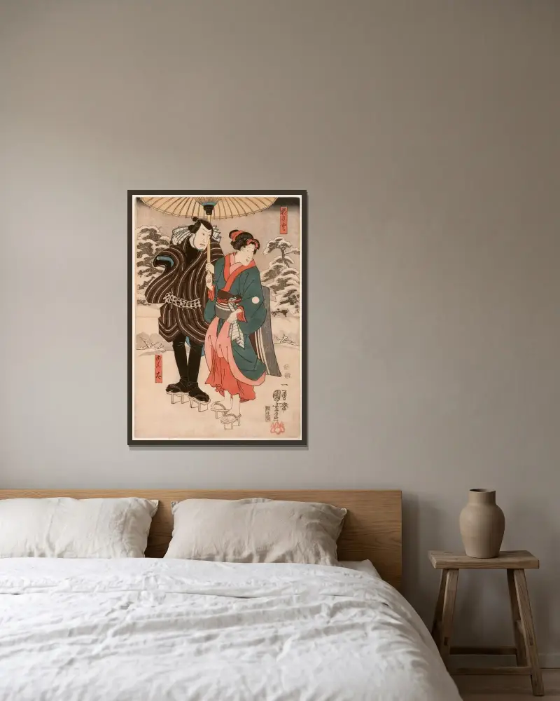 Osayo och Genta av Utagawa Kuniyoshi inramad på en vägg