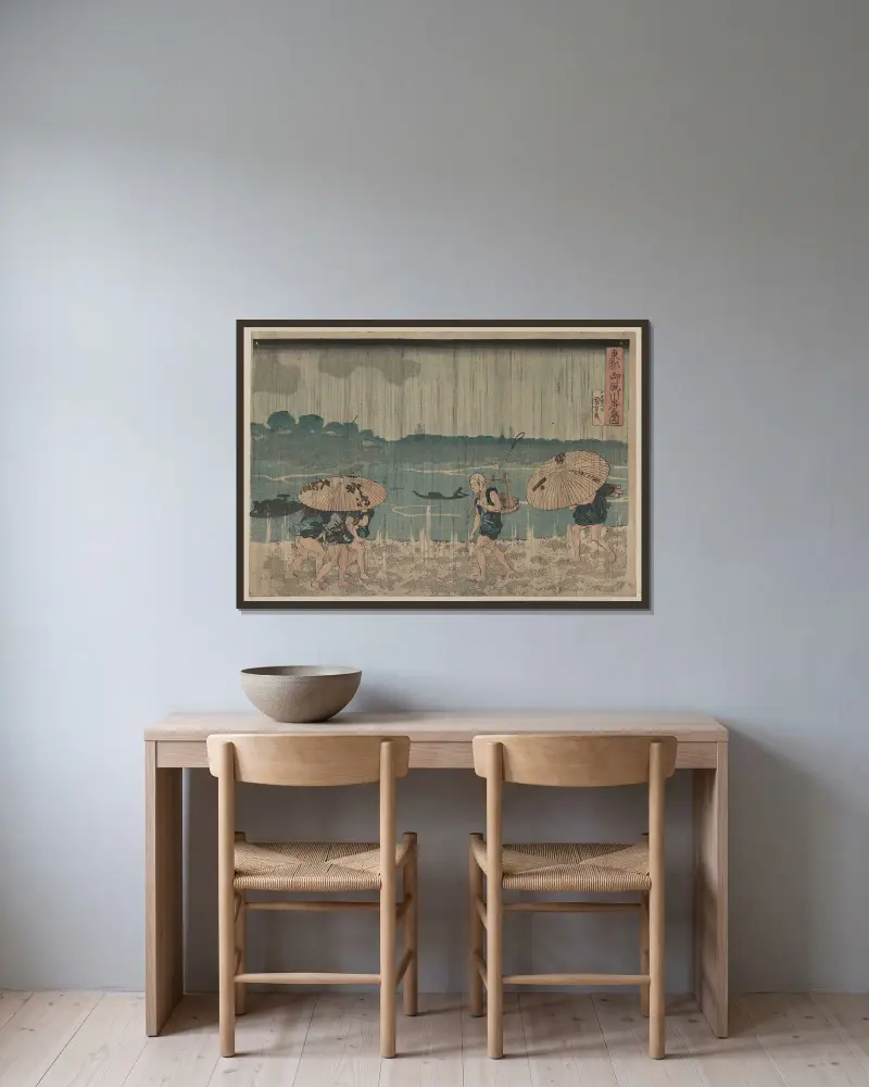 Oumayagashi no zu, Utagawa Kuniyoshi v rámu na stěně