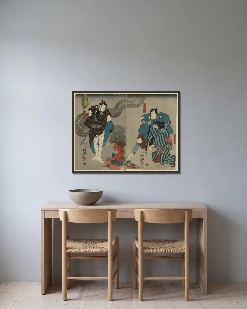Oyone magoshichi taheiji av Utagawa Kuniyoshi inramad på en vägg