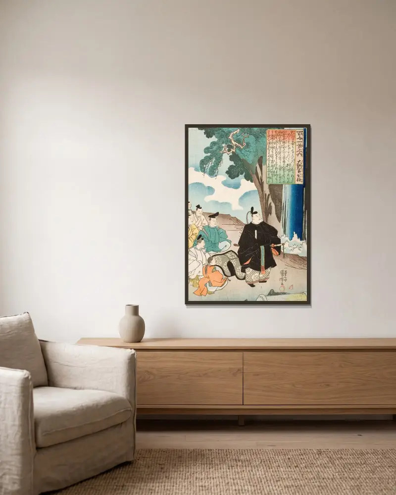 Dikt av Dainagon Kintō av Utagawa Kuniyoshi inramad på en vägg