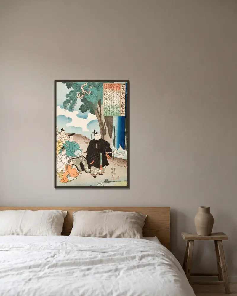 Dikt av Dainagon Kintō av Utagawa Kuniyoshi inramad på en vägg