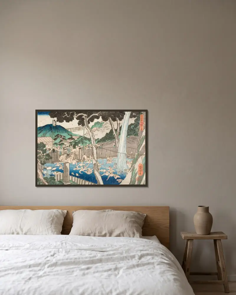 Rōben-Wasserfall am Berg Ōyama von Utagawa Kuniyoshi gerahmt an einer Wand
