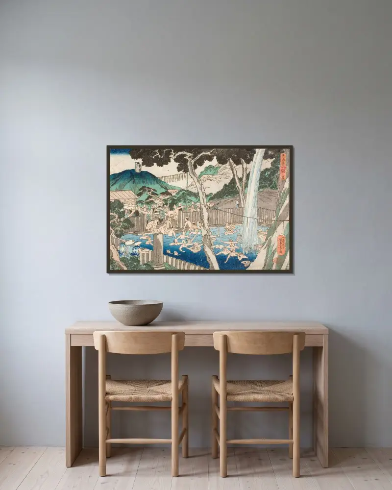 Rōben-Wasserfall am Berg Ōyama von Utagawa Kuniyoshi gerahmt an einer Wand