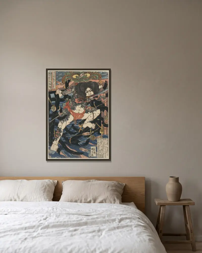 Rōri hakuchō chōjun, Utagawa Kuniyoshi v rámu na stěně