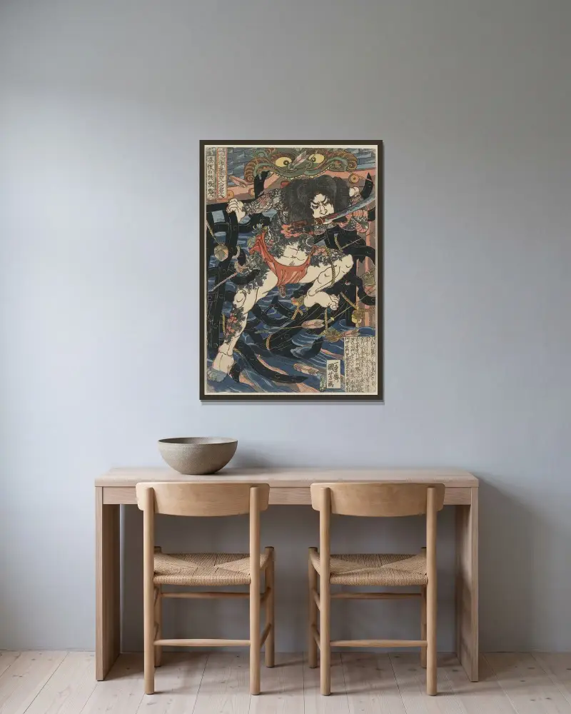 Rōri hakuchō chōjun, Utagawa Kuniyoshi v rámu na stěně