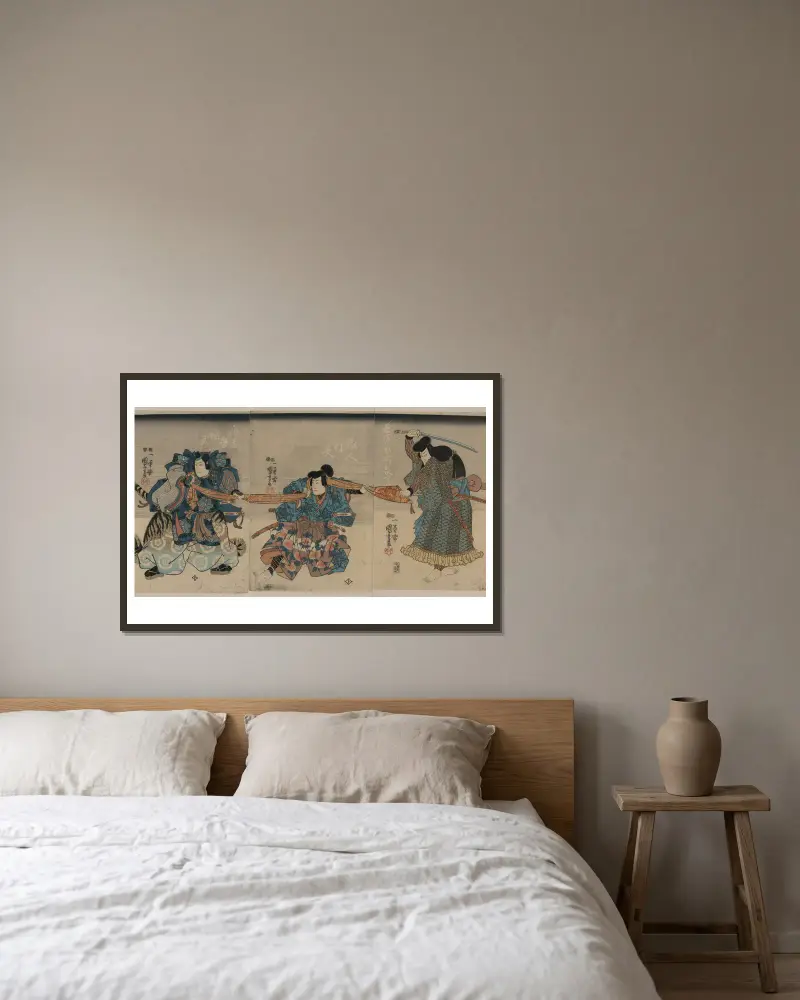 Saitōgo kunitake; kurando yukinaga; osada no tarō nagamune av Utagawa Kuniyoshi inramad på en vägg