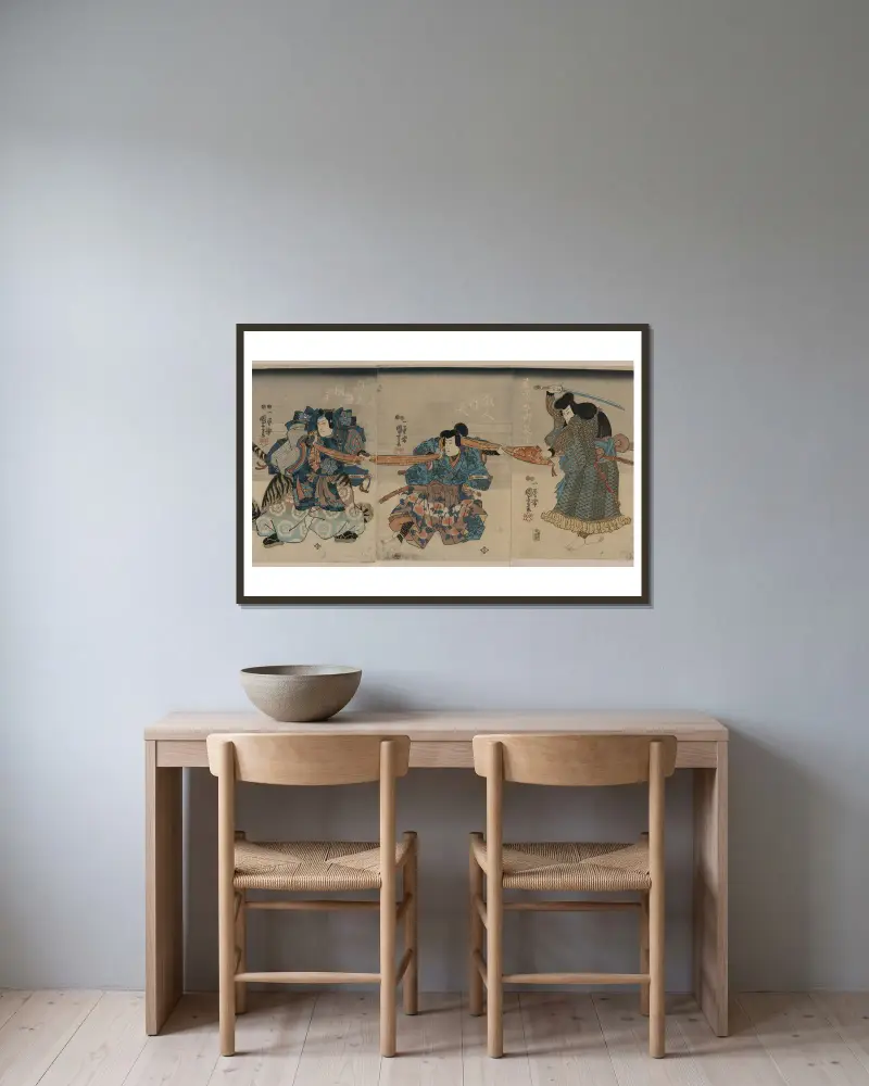 Saitōgo kunitake; kurando yukinaga; osada no tarō nagamune av Utagawa Kuniyoshi inramad på en vägg