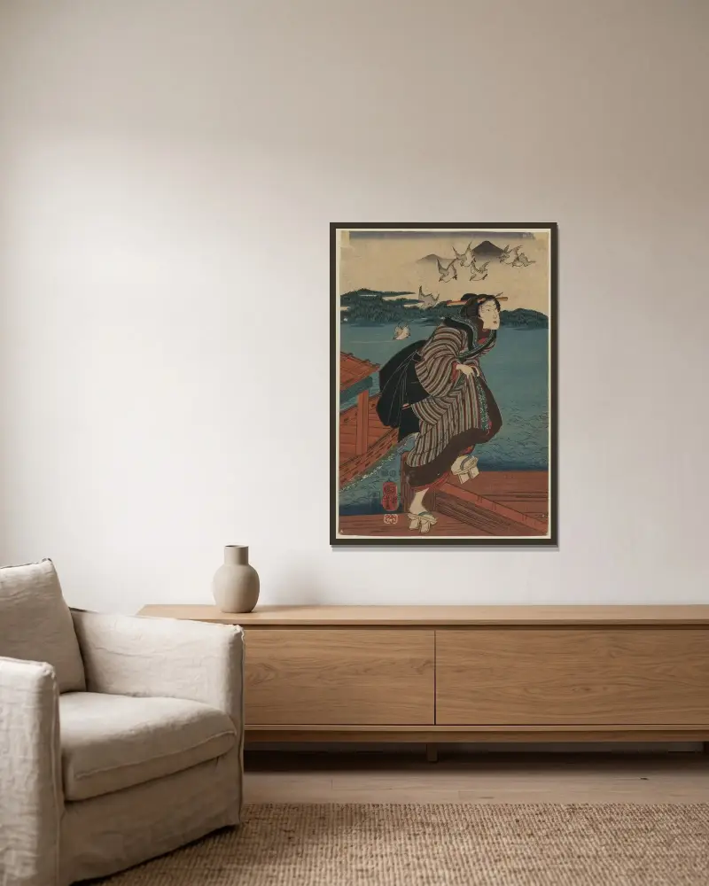 Frau auf dem Steg von Utagawa Kuniyoshi gerahmt an einer Wand
