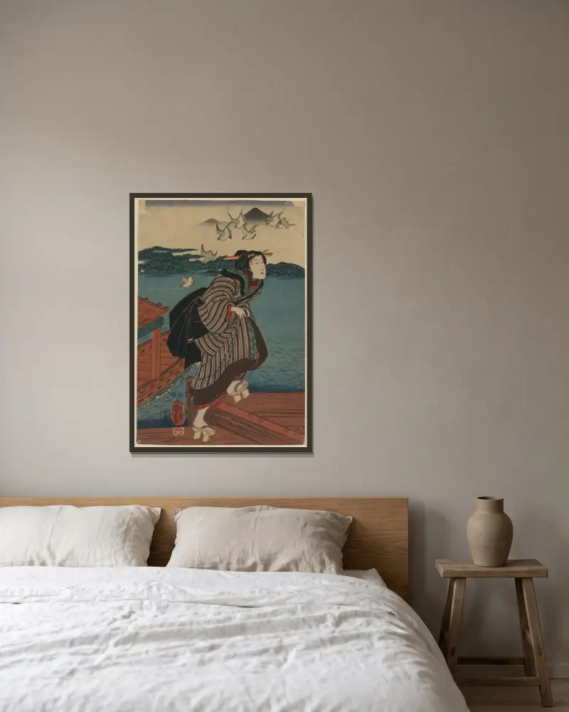 Frau auf dem Steg von Utagawa Kuniyoshi gerahmt an einer Wand