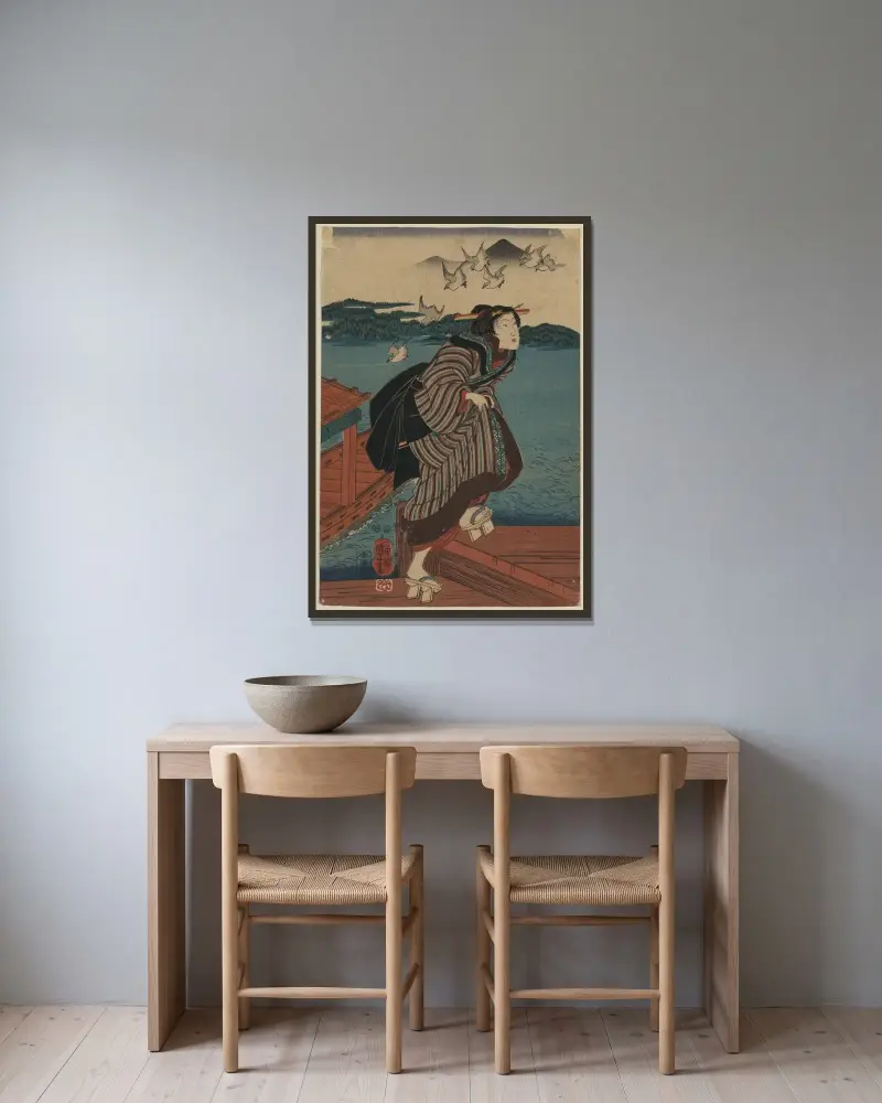 Frau auf dem Steg von Utagawa Kuniyoshi gerahmt an einer Wand