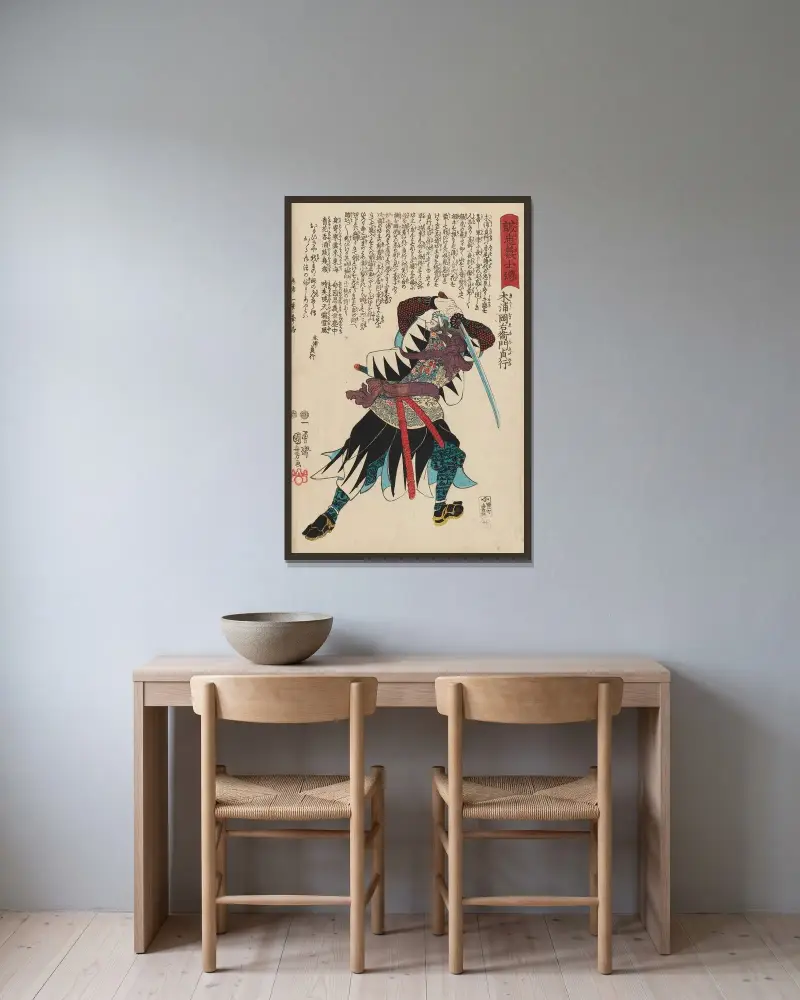 Seichū gishi den, plansch 4 av Utagawa Kuniyoshi inramad på en vägg