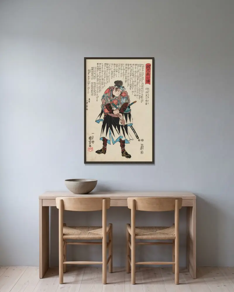 Seichū gishi den, plansch 6 av Utagawa Kuniyoshi inramad på en vägg