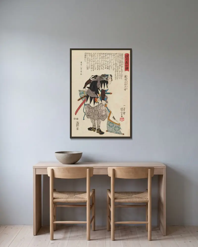 Seichū gishi den, plansch 7 av Utagawa Kuniyoshi inramad på en vägg