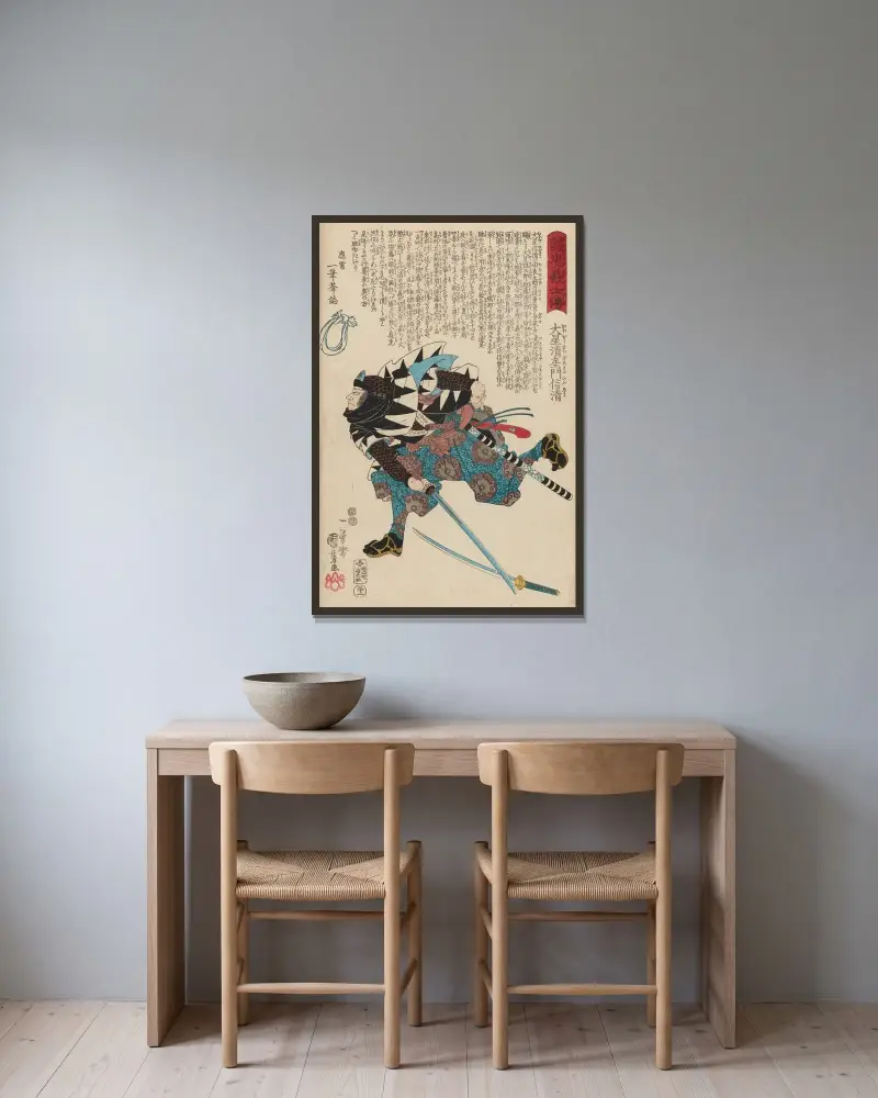 Seichū gishi den Taf. 14 von Utagawa Kuniyoshi gerahmt an einer Wand