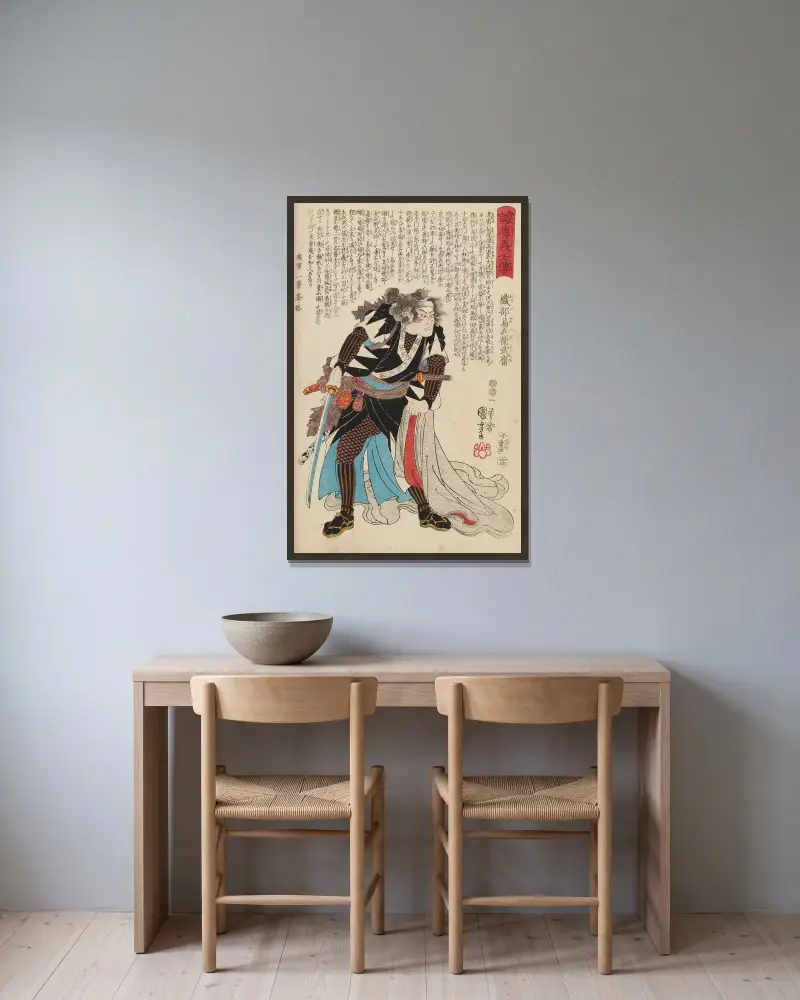 Seichū gishi den, plansch 16 av Utagawa Kuniyoshi inramad på en vägg