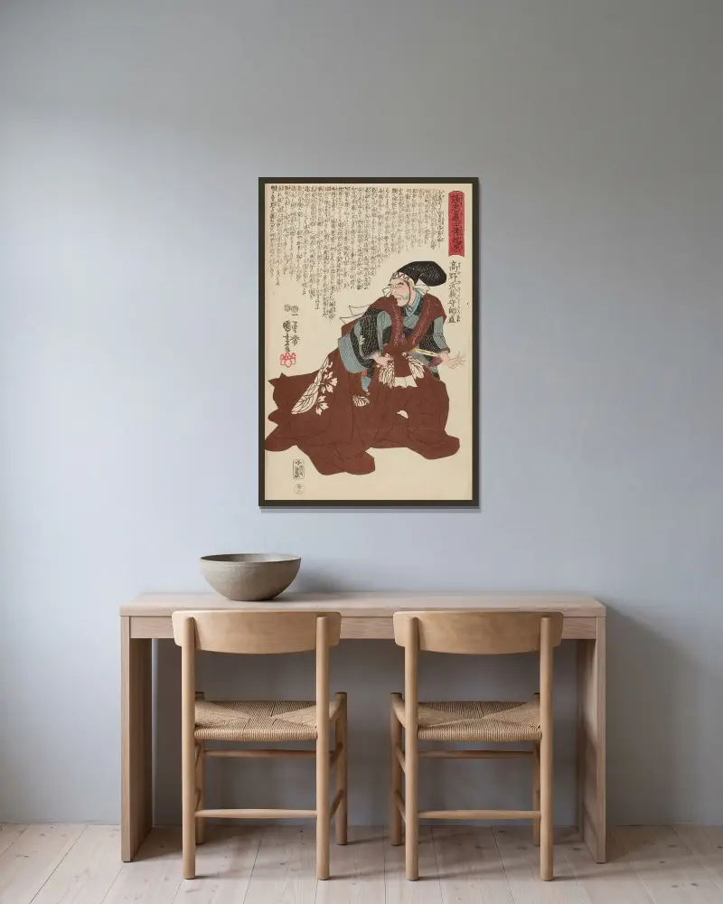 De lojala samurajernas berättelse, plansch 20 av Utagawa Kuniyoshi inramad på en vägg