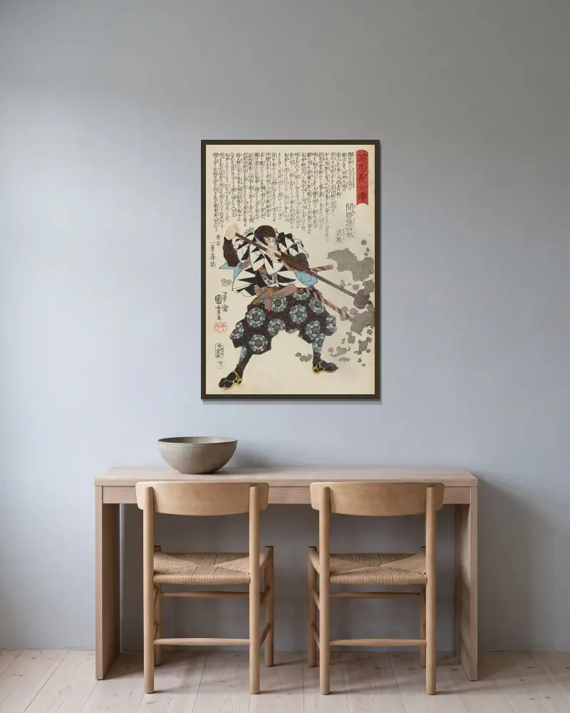 De lojala samurajernas berättelse, plansch 23 av Utagawa Kuniyoshi inramad på en vägg