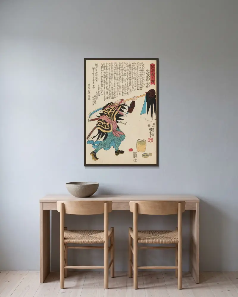 De lojala samurajernas berättelse, plansch 25 av Utagawa Kuniyoshi inramad på en vägg