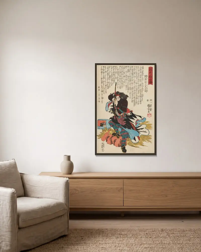 De lojala samurajernas berättelse, plansch 26 av Utagawa Kuniyoshi inramad på en vägg