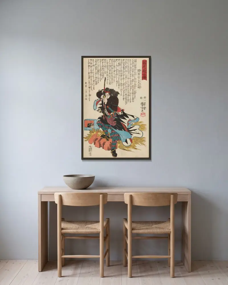 De lojala samurajernas berättelse, plansch 26 av Utagawa Kuniyoshi inramad på en vägg