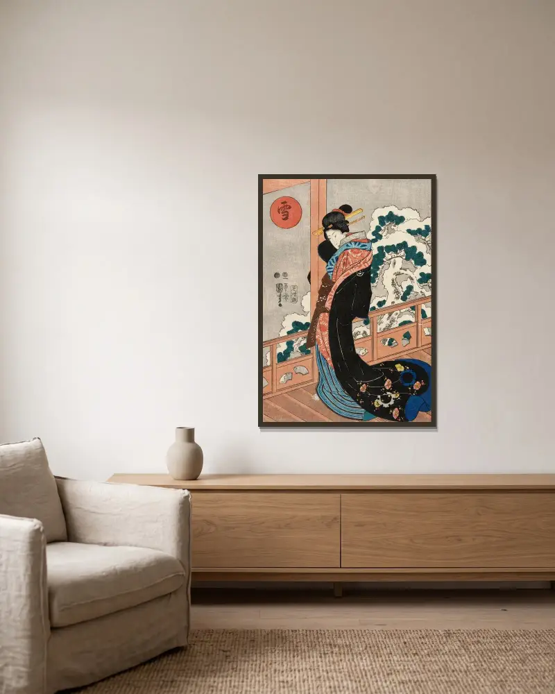 Snö; skönhet på en veranda av Utagawa Kuniyoshi inramad på en vägg