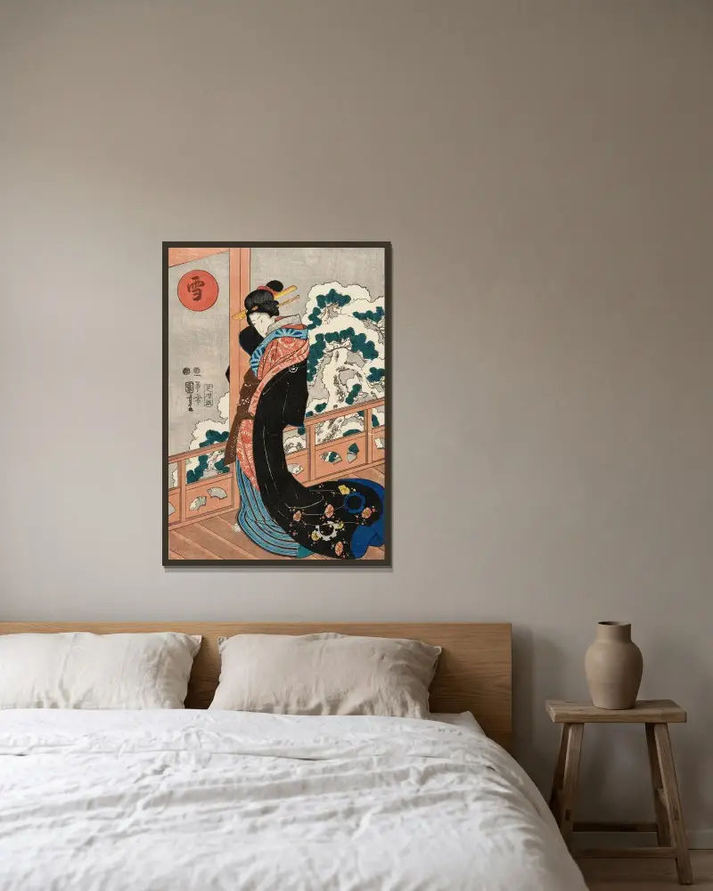 Snö; skönhet på en veranda av Utagawa Kuniyoshi inramad på en vägg