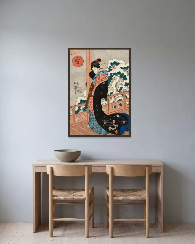 Snö; skönhet på en veranda av Utagawa Kuniyoshi inramad på en vägg