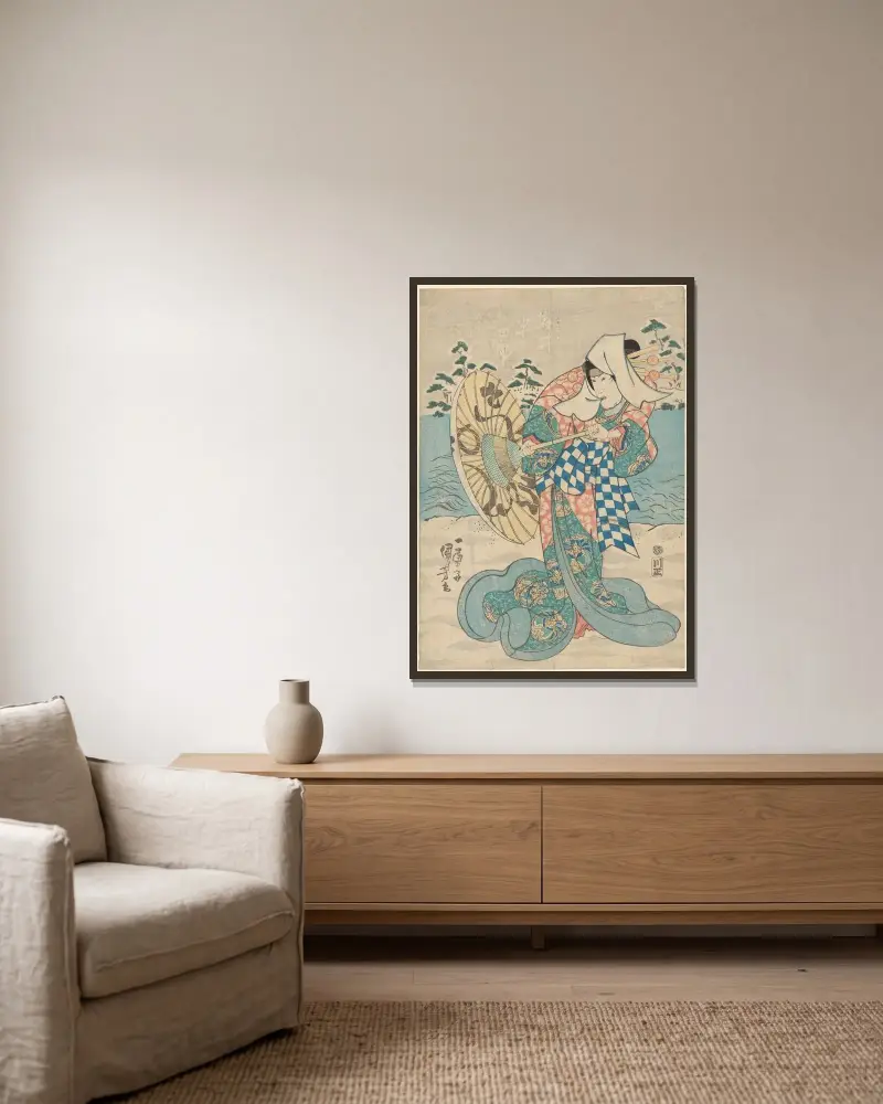 Snölandskap; kvinnogestalt (i flödande blå, grön och rosa dräkt) av Utagawa Kuniyoshi inramad på en vägg
