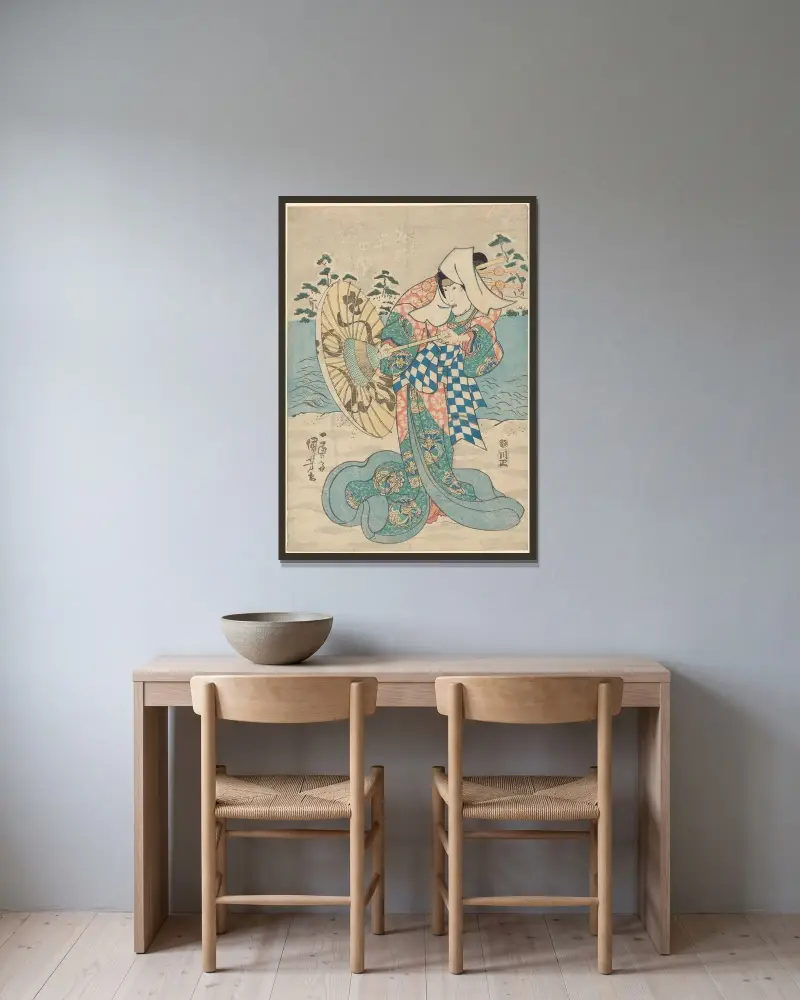 Snölandskap; kvinnogestalt (i flödande blå, grön och rosa dräkt) av Utagawa Kuniyoshi inramad på en vägg