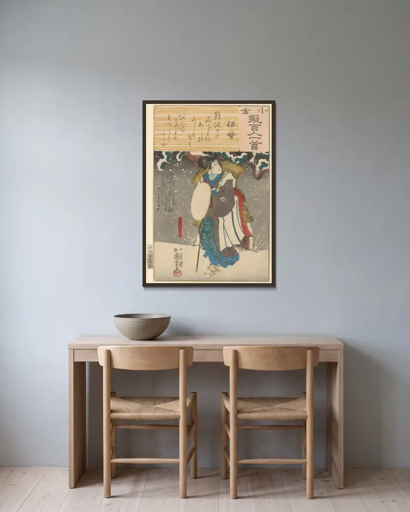 Snölandskap; kvinna med bambukappa av Utagawa Kuniyoshi inramad på en vägg