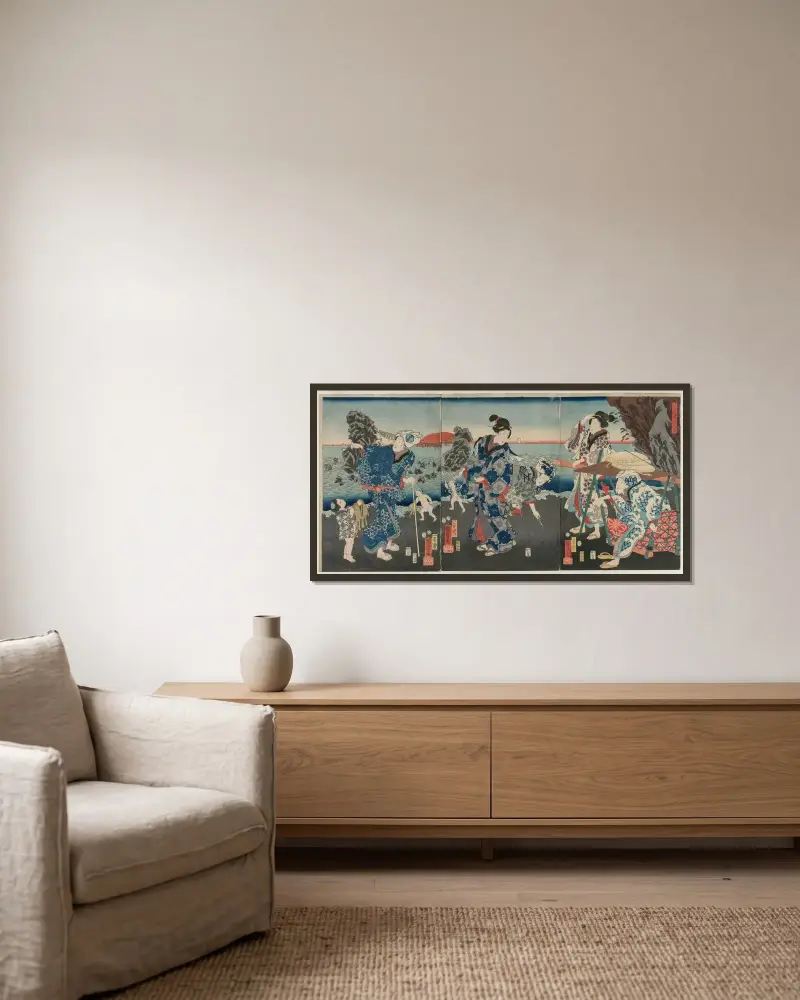 Soluppgång över Futamibukten av Utagawa Kuniyoshi inramad på en vägg