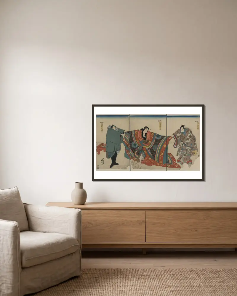 Taira no Munemori, Osen med nymånen och räksamlaren Jū av Utagawa Kuniyoshi inramad på en vägg
