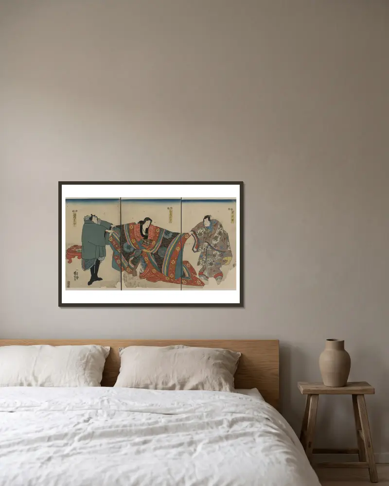 Taira no Munemori, Osen med nymånen och räksamlaren Jū av Utagawa Kuniyoshi inramad på en vägg