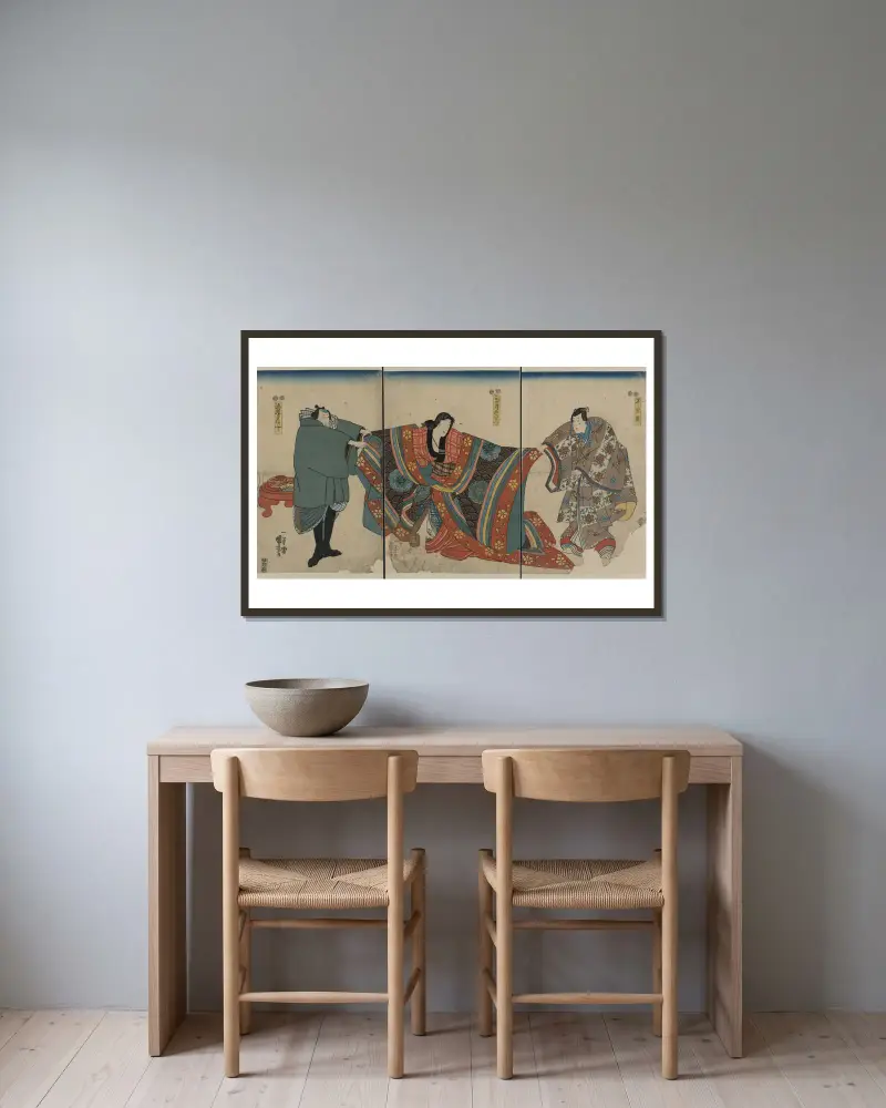 Taira no Munemori, Osen med nymånen och räksamlaren Jū av Utagawa Kuniyoshi inramad på en vägg