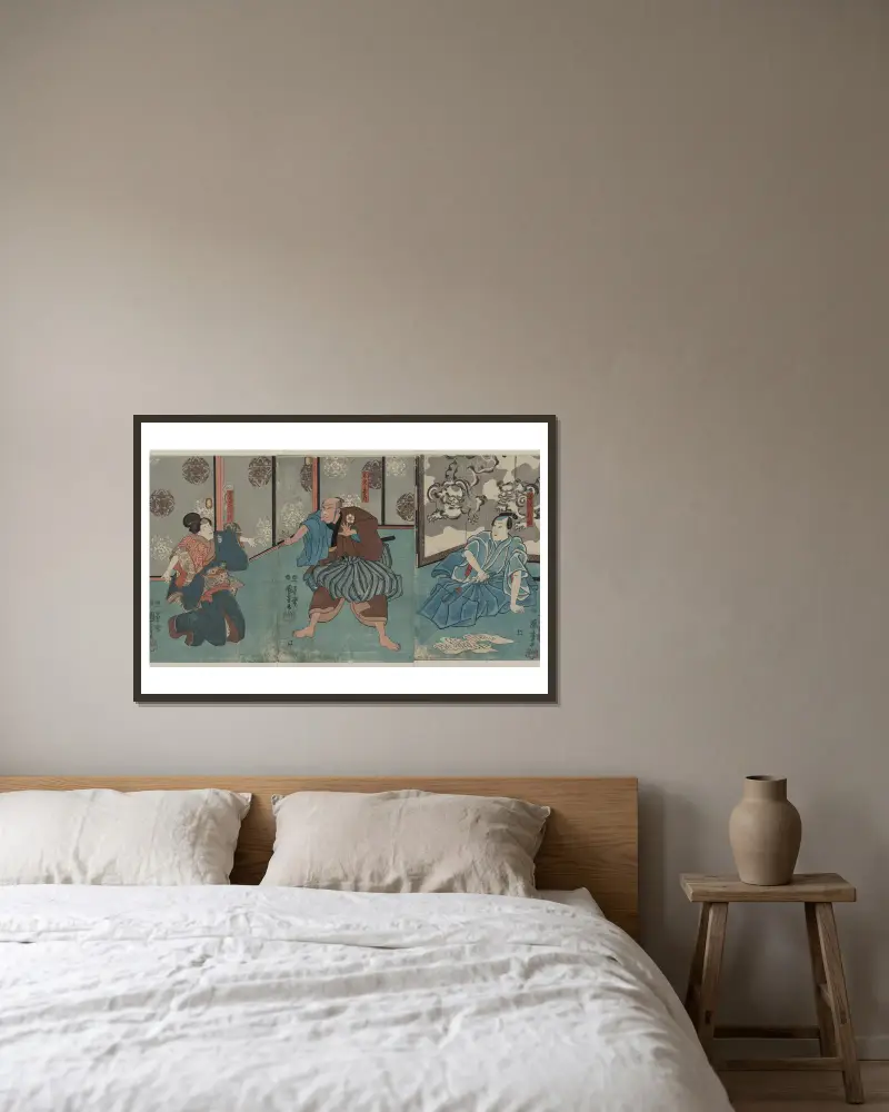 Tanizawa Tanomo, page Kihei och tjänarinnan Chiyo av Utagawa Kuniyoshi inramad på en vägg