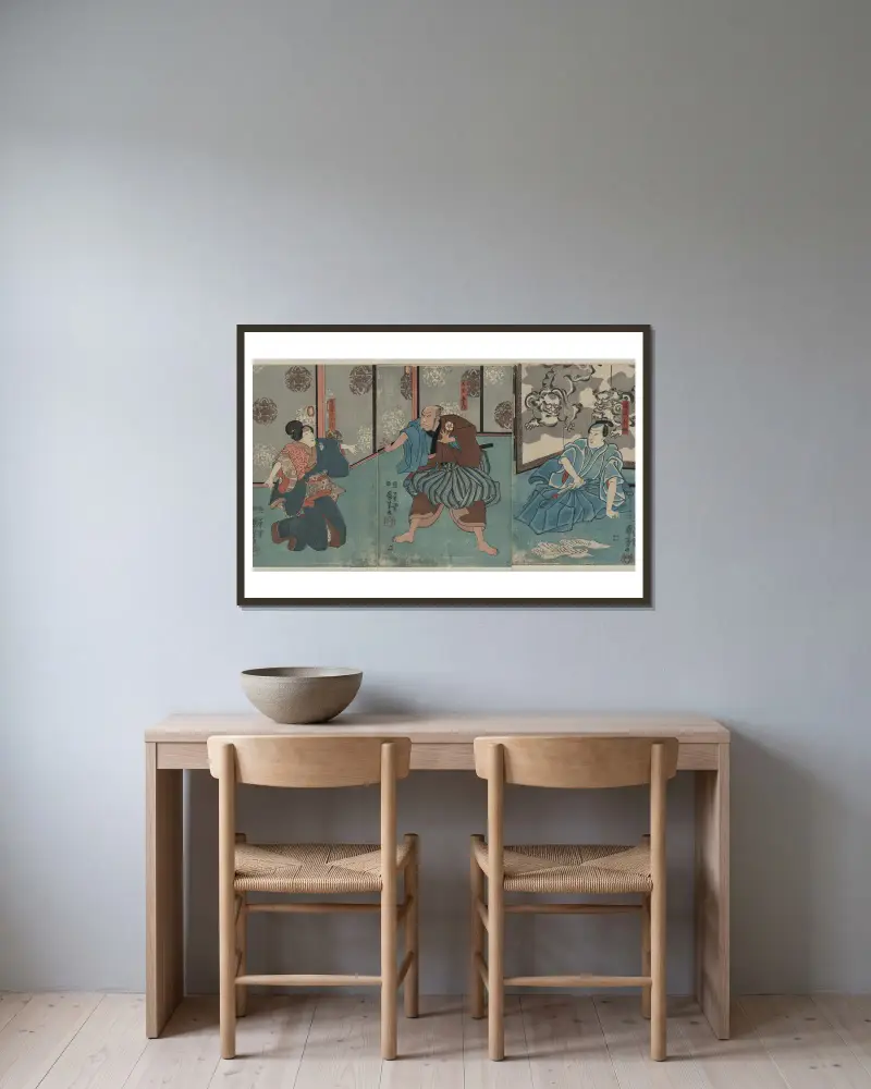 Tanizawa Tanomo, page Kihei och tjänarinnan Chiyo av Utagawa Kuniyoshi inramad på en vägg