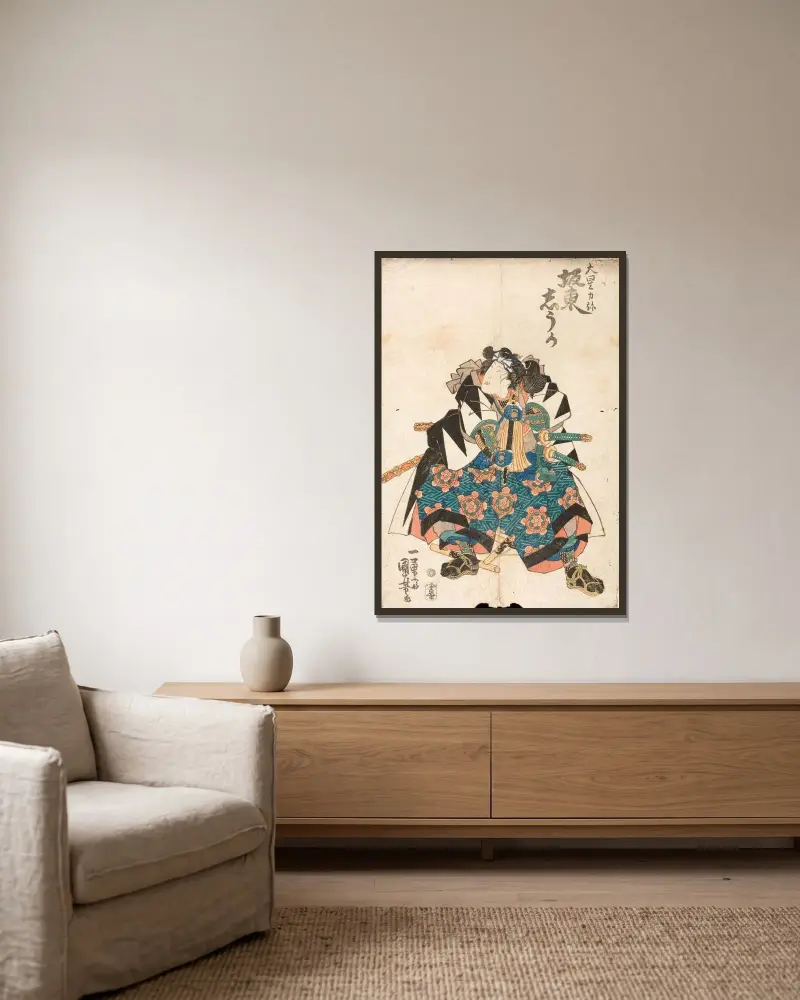 Der Schauspieler Bandō Shūka als Ōboshi Rikiya im Stück Kanadehon Chūshingura von Utagawa Kuniyoshi gerahmt an einer Wand